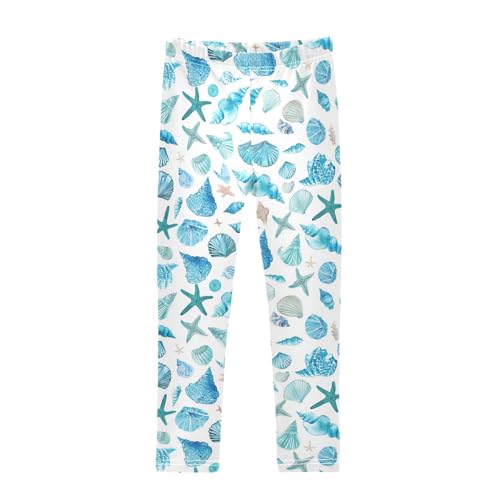 Wusikd Watercolor Teal Girls' Leggings Toddler Doodles Blue Sea Shells Starfish Kids Yoga Pants Dance Active Tights 4T