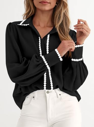 PRETTYGARDEN Womens Long Sleeve Button Down Shirts 2025 Trendy V Neck Loose Fit Fall Tops Collared Dressy Casual Blouses4