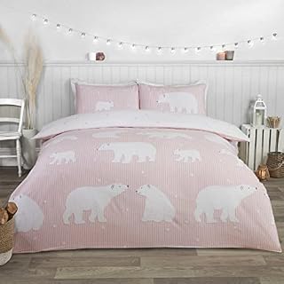 Rapport Home Polar Bear 100% Brushed Cotton King Size Duvet Cover Set Reversible Bed Blush