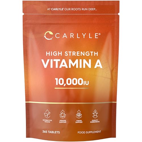 Vitamin A Tablets 10000 IU | 365 Count (1 Year Supply) | Vitamin A as Retinol Acetate | High Strength | Vegan and Vegatarian | By Carlyle