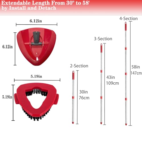 Image of Spin Mop Replacement Handle and Mop Base Replacements for OCeda EasyWring 1-Tank Spin Mop System,4-Section Iron Mop Handle 30-58in and 1 Mop Base and 1 Scrub Brush Cover Set Combo, Red