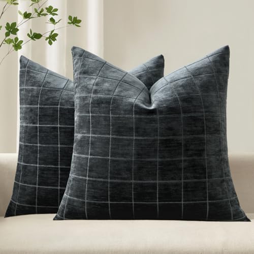 Image of MIULEE Black Plaid Decorative Throw Pillow Covers 22x22 Set of 2 | Vintage Check Chenille Couch Pillows Neutral Boho Farmhouse Cushion Covers Modern Home Decor for Sofa Bed Living Room