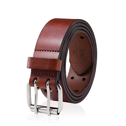 MILORDE Men's Jean Leather Belt Double Prong, 35mm 100% Genuine Leather, Handmade, Classic Designs for Work and Casual