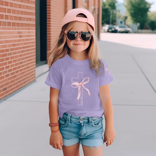 Image of Girls Cute Christian Shirts Kids Pink Bow Shirt Jesus God Faith Tshirts Aesthetic Cross Bible Verse Graphic Tee Tops