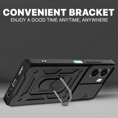 Image of Pikkme Back Cover for Oppo A6X 5G | 360 Protection Case | Sliding Camera Shield Cover & Ring Holder Stand D10 Tough Armor Bumper Case (Black)