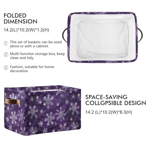 Image of Wamika Winter Snowflake Storage Basket with Waterproof Liner and PU Handles Christmas Purple Xmas Storage Bins Boxes 14.2 inch Collapsible Decorative Organizer Baskets for Bedroom Closet Office 1 Pack