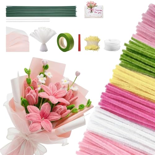 600 PCS Pipe Cleaners Craft 6 Colors Pipe Cleaner Bulk Flower Kit Chenille Stems Bulk with Floral Wires Gardening Tape Stamen Wrapping Paper & Ribbon DIY Art and Craft Supplies - Pink Gradient