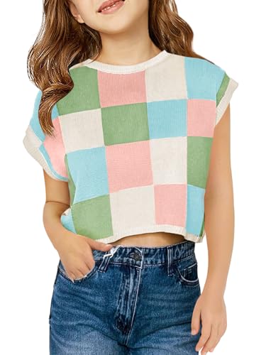 Image of Haloumoning Girls Summer Crop Tops Color Block Vest Cute Tanks Cap Sleeve Tee Loose Kids Knit Top 5-14 Years