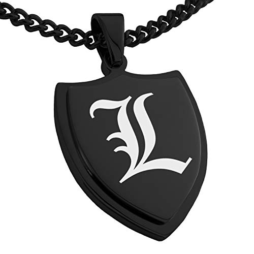 Stainless Steel Letter L Initial Old English Monogram Shield Pendant Necklace
