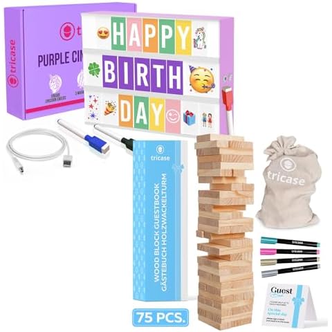 tricase Purple Cinema Light Box with 312 Letters, Emojis & 3 Markers - Led Light Box sign for Home - Wedding Guest Book Alternative - 75 pcs Wooden Block Guest Book for Wedding Sign In - Wedding Decor Cover
