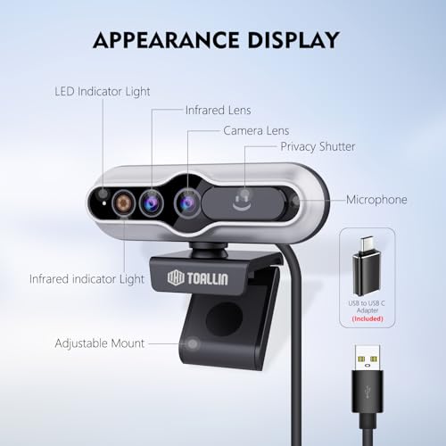 TOALLIN 2K QHD Webcam with Windows Hello, Facial Recognition Web Camera, 5 Million Pixels, Auto-Focus Computer Camera, USB Webcam with Microphone & Privacy Shutter - Image 7