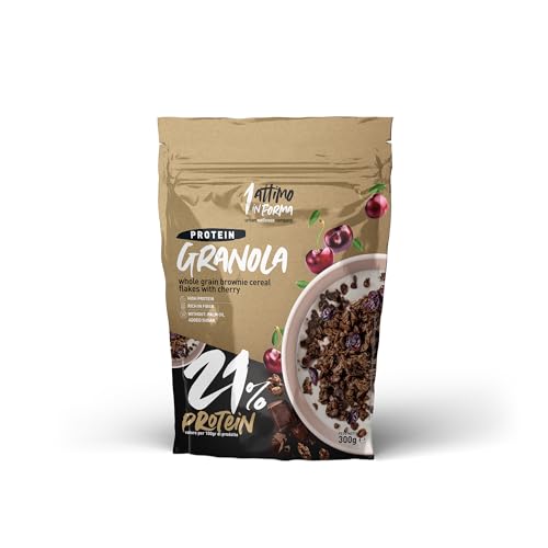 1 Attimo in Forma | Granola Proteica 21% Senza Zuccheri Aggiunti 300 grammi - Ricca di Fibre Croccante Colazione Nutriente (1 Confezione, Brownie e Ciliegia)