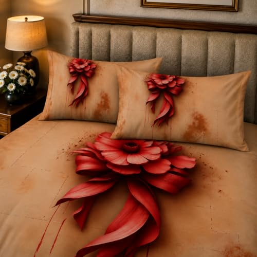 Image of 7D Digital Printed King Size Bedsheet with 2 Pillow Covers | Soft Premium Cotton Feel Microfiber Double Bed Bedsheet | Wrinkle Free & Fade Resistant | (RedBow, KingSize-225x250CM)