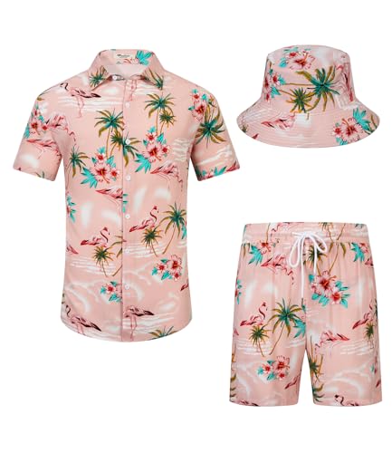 EISHOPEER Men's Flower Hawaiian Sets Casual Short Sleeve Shirt and Shorts Suits Outfits with Bucket Hats