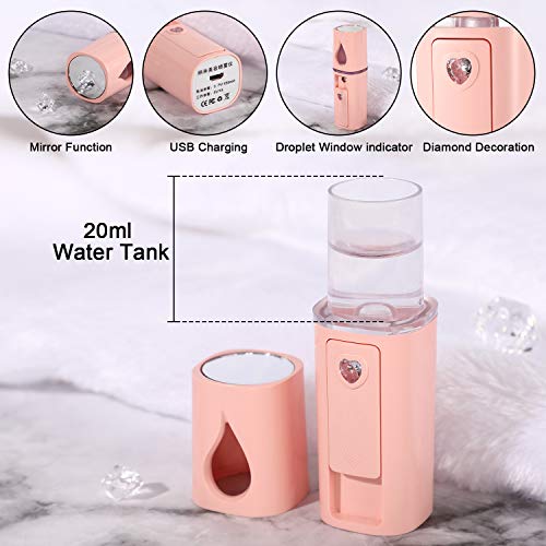 2 Stück Nano Gesichtsdampfer Tragbar Mini Gesicht Nebeldampfer Hand Gesichtsdampfer mit Spiegel Design Feuchtigkeitsspendend für Hautpflege, Makeup und Wimpern Verlängerung (Weiß, Rosa)