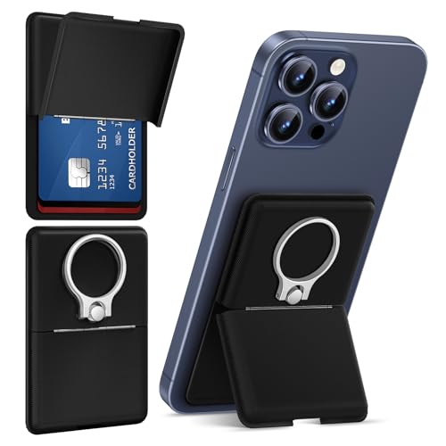 Image of Asstar Magnetic Wallet with Ring for 3 Cards, MagSafe Compatible | Adjustable Stand for Apple Wallet, Magnetic Card Holder for iPhone 15 /14 /13 /12, Twill PU Leather
