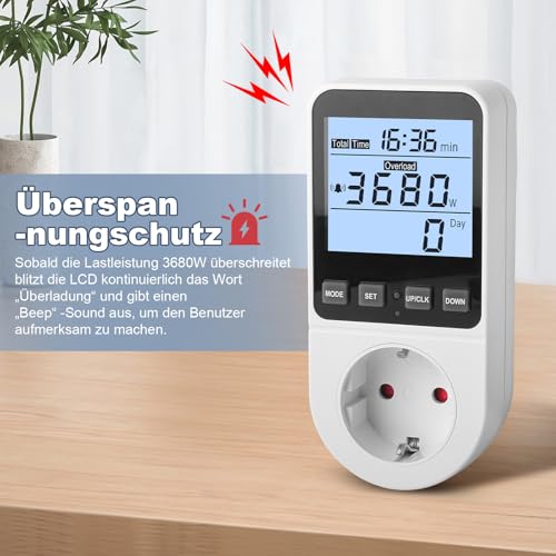 Stromzähler für Steckdose 8 Modi, Strommessgerät Energiekostenmessgerät Stromverbrauchsmesser Watt Messgerät Kwh Zähler mit Nutzungszeit, Leistungsmesser mit Hintergrundbeleuchtung