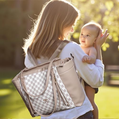 Image of miss fong Checkered Diaper Bag Tote Leather Diaper Bag Backpack, Large Capacity Mommy Bag Hospital Bag, 12 Pockets Travel Diaper Tote with Changing Pad for Mom Plaid Tote Bag for Women-Beige&Honey