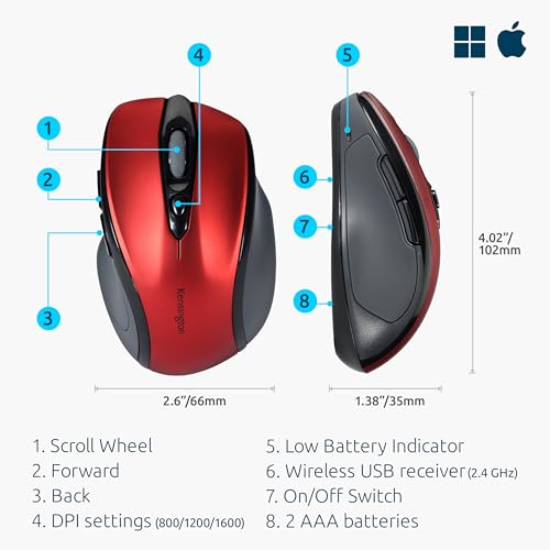 Miniatura 2 de Kensington K72422ww, Ratón Inalámbrico Pro Fit, Tamaño Mediano, Color Rojo Rubí, Diseño Ergonómico, Sensor Óptico Ppp: 800 1200 1600 Para Un Control Efectivo Para Uso En Casa Y En Oficina