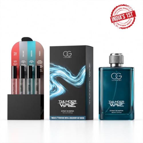Image of Thunder Wave Extrait De Parfum | India's First Perfume with Discovery Set for Men Inside | Long Lasting Premium Perfume Gift Set for Man | 112ml (1x100ml + 4x3ml)