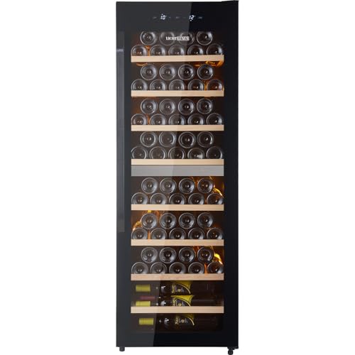 LichtLuxus Weinkühlschrank 2 Zonen für 71 Flaschen – Freistehender Weintemperierschrank mit 3-fach UV-Glastür & Holzablagen (5-20°C) – Großer Getränkekühlschrank für Wohnzimmer & Weinkeller