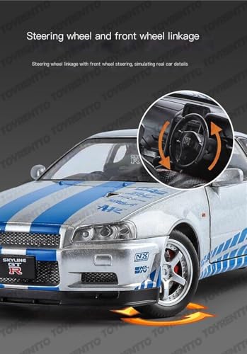 Image of 1:24 Nissan GT R34 Skyline Die-Cast Car Toy - Alloy Pullback Model with Lights, Sound & Opening Doors - Realistic Sports Car Toy for Kids & Collectors White