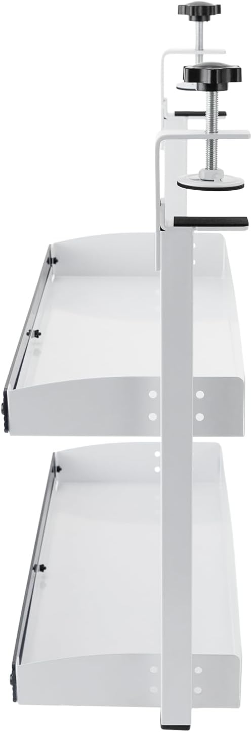 CNCEST Clamp-on Desk Shelf, Clip-on Desk Shelf, 2-Tier Shelving with Adjustable Storage Tray (White-17.32x15.47x6.in)