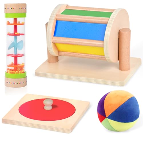Image of Montessori Toys for Babies 0-6 Months, 4 in 1 Learning Educational Set Newborn Toys Set with Spinning Drum, Rainbow Ball, Baby Rain Stick, Mirror Puzzles, for 1 Year Old Infant Sensory Toys for Baby