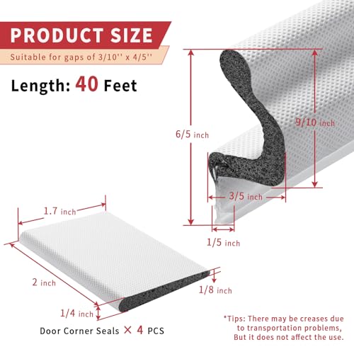 Image of 40 Feet Long Reach Weather Stripping Door Seal with 4 PCS Door Corner Seals, V-Shaped Replacement Door Seal Strip Foam Kerf Weather Stripping for Doors Frame Door Soundproofing(White)