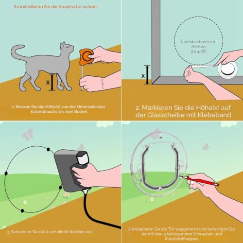 Katzenklappe Rund, Glastür, Katzentür, 4-Wege Verriegelungsklappe für Katzen, kleine Hunde, Welpen und Hunde aus Kunststoff, passend Sichtfenster, Glasfenster, Glastüren KatzentüRen