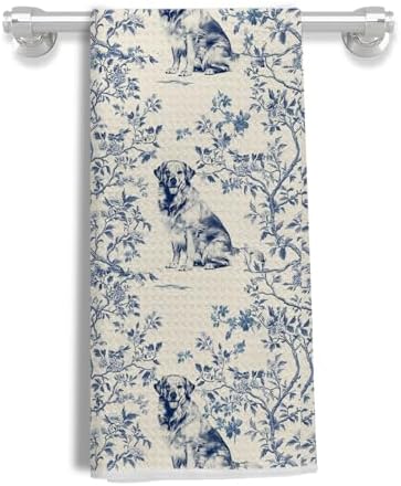 Vintage Blue Floral Golden Retriever Kitchen Towel - Dog Lover Di...