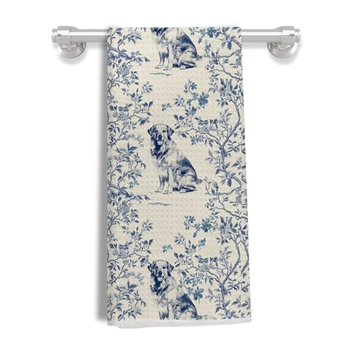 Image of Vintage Blue Floral Golden Retriever Kitchen Towel - Dog Lover Dish Towel, Elegant Home Decor, Novelty Tea Towels, Gifts for Pet Owners, Farmhouse Decorative Hand Towel, 16x24 Inch