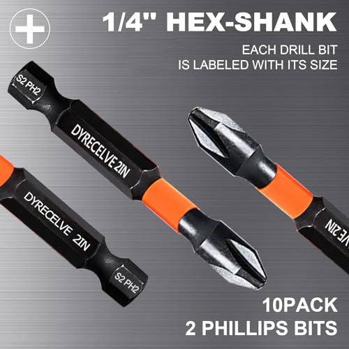 10-Pack Phillips Bits #2 Impact, 2-Inch Magnetic Phillips Head Drill & Screwdriver Bits, PH2 Premium S2 Steel 1/4" Hex Shank for Impact Drivers, Professional & DIY Use