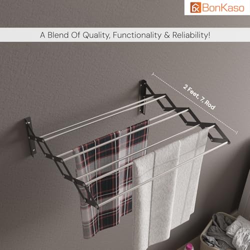 Image of BonKaso Multi 7 Rod Foldable Clothes Drying Stand | Heavy Duty, Rust-Free, Stainless Steel, Wall Mounted Cloth Dryer Rack for Indoor & Outdoor | Expandable (2 Feet) (61D x 62W x 19H cm)