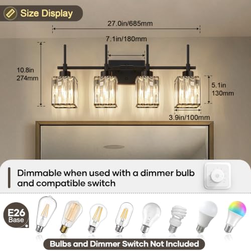 Image of Torondo Modern Crystal Bathroom Vanity Light 4-Lights Matte Black Bathroom Light Fixtures Over Mirror Matte Black Vanity Lighting Fixtures Square Shade Brass Wall Sconce (Bulbs Not Include)
