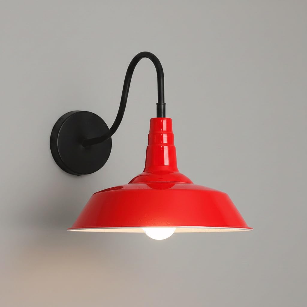 IvyLoutish Modern Industrial Barn Wall Sconce, Colorful Farmhouse Gooseneck Wall Light with Metal Umbrella Shade, Vintage Fixture for Restaurant Bar BBQ Shop Kitchen Decor, E26/E27(Red)
