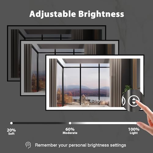 72x40 Large Light up Bathroom Mirror, Wall-Mounted LED Vanity Mirrors, Black Trim and Double Lights, 3 Colors and Stepless Dimming, Anti-Fog, Memory, Shatterproof (Horizontal/Vertical)