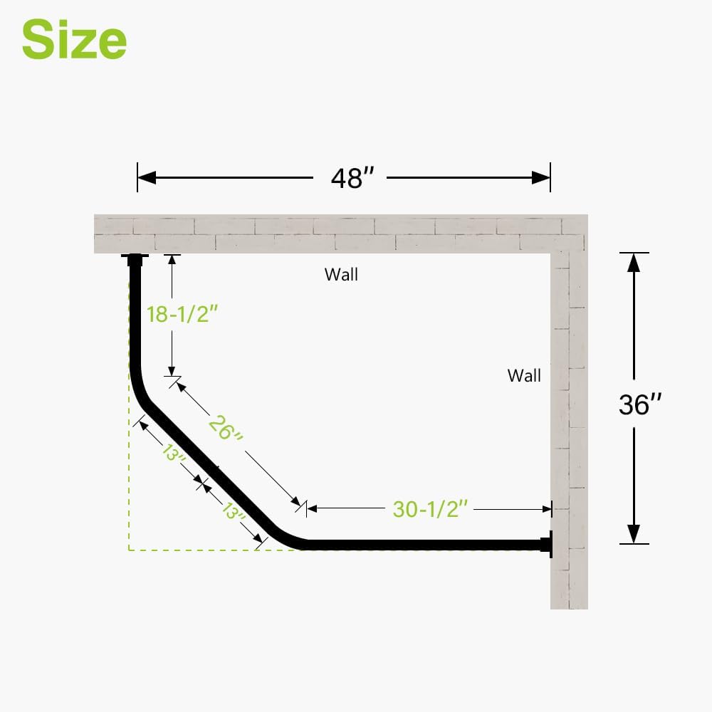 Naiture Corner Neo-Angle Shower Curtain Rod Stainless Steel with Ceiling Support, 18-1/2" X 26" X 30-1/2"(counterpart wall size:48" x 36"), Black Finish