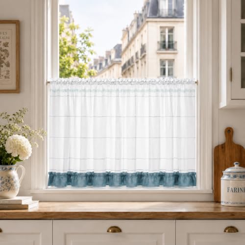 Yujiao Mao 1 Stück Scheibengardine Landhaustil Küchengardinen Karo-Bistrogardine Leinen Kurzgardine Mit Raffbänder Klein Fenster Blau BxH 90x90cm