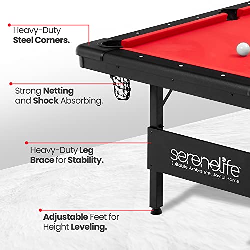 Serenelife 6 Ft. Portable Pool Table, Billiards Table, Easy Folding For Storage W/ Leg Levelers Includes Full Accessory Kit - 2X Cue Sticks, Full Set Of Balls, Chalk, Brush (Red) #TOP3