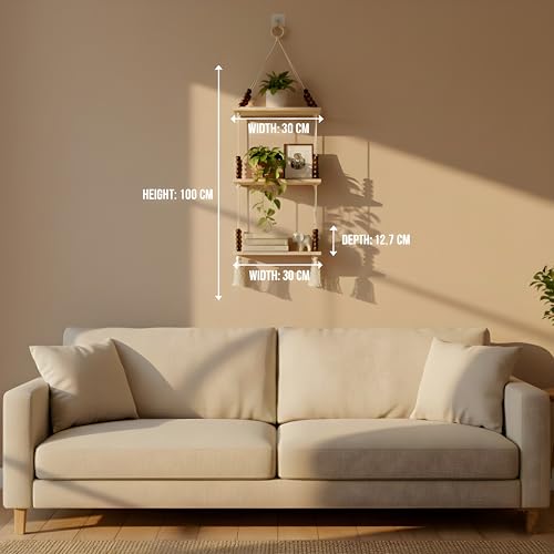 Image of 3-Tier Hanging Shelf with Wall Hook, Use Decor Plants, Books, Decorative Gift Items Nursery Livingroom Wooden Beads & Ring, Tassels Woven Bohemian