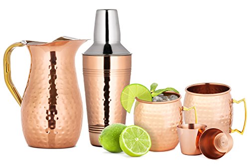 Chef's Star 6 Piece Copper Bar Tools Set - (2X) 18oz Moscow Mule Mugs - 2 Shot Glasses - 25.3 oz Shaker - 50.7 oz Pitcher