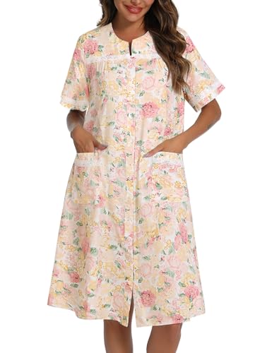100% Cotton Nightgowns for Women Short Sleeve House Dress Buttons Down Housecoat with Pockets2