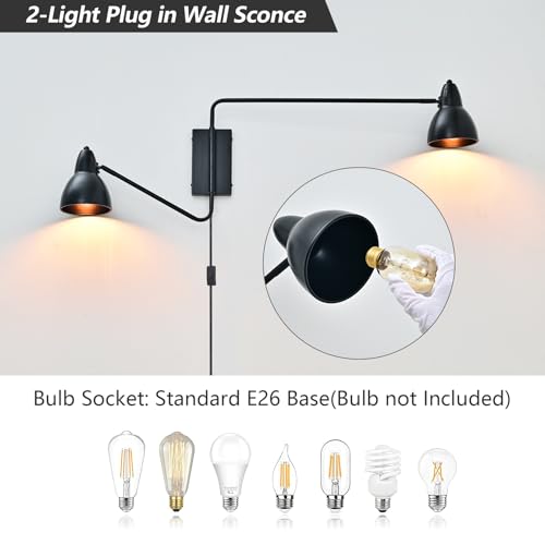 Image of Modern Black 2-Light Plug in Swing Arm Wall Sconce, 1 Pack