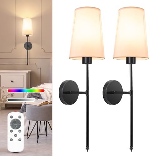 NIORSUN Black Battery Operated Wall Sconce Set of 2,Rechargeable Wall Lights with 5200mAh Dimmable Detachable Bulbs and Remote,9 Colors Wireless Sconces for Bedroom Living Room Hallway