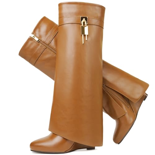 Image of Fold Over Boots for Women Pointy Pull-on Wedge Heel Knee Shark Boot With Side Zipper Padlock Design