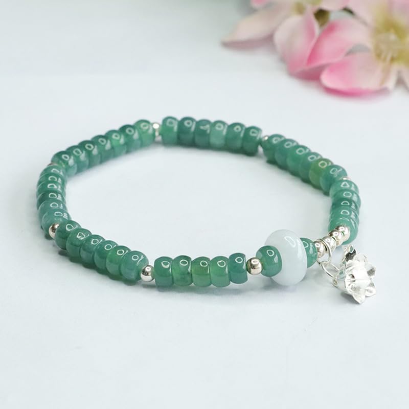 Bracciale in giada da donna, braccialetto con perline di abbaco d'acqua blu giadeite grado A ciondolo a forma giglio in argento S925, buona fortuna Fengshui for la meditazione yoga, 5 mm