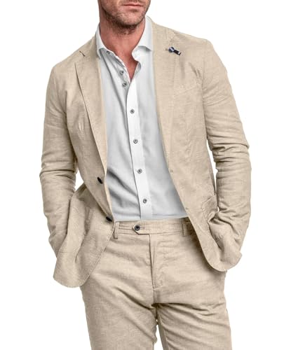 Men's Linen 2 Piece Suit Set for Summer Casual Wedding Groom Formal Business Lightweight Slim Fit Blazer Pants