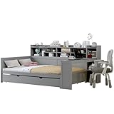Merax Full Size Daybed with Storage Shelves, Multi-Functional Wooden Bed with Twin Size Trundle Bed and Study Desk,Grey