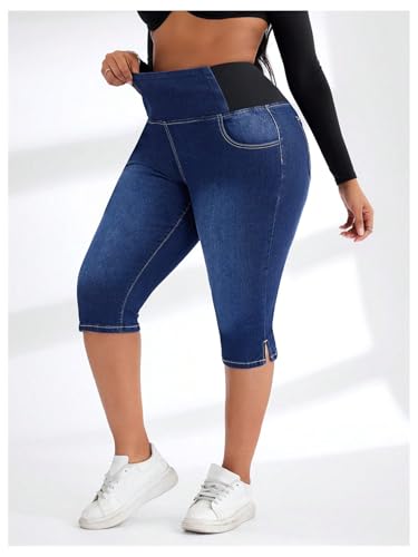 Verdusa Women's Plus Size Stretchy Jeans Split High Waisted Capri Pants with Pockets4